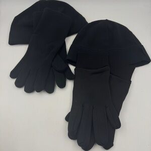 2 SETS Lands' End Black Polartec Fleece Beanie Snuggler Hat and Casual Gloves OS